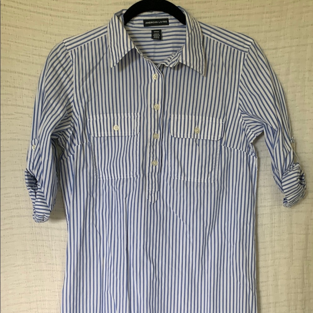American Living Blue and White Striped Button Up Mini Shirt Dress